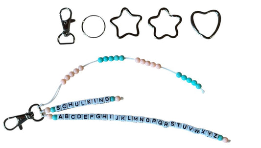 🎓 Personalisierte ABC- & Rechenkette – Aprikose & Türkis – 3-reihig mit Wunschname – Einschulungsgeschenk
