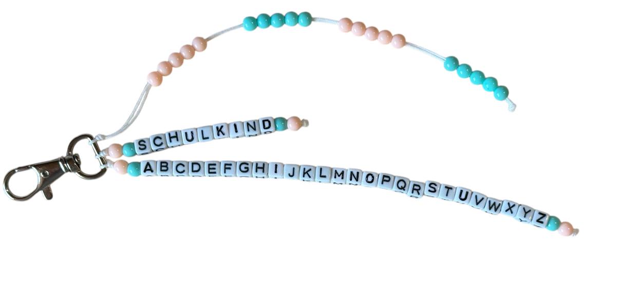 🎓 Personalisierte ABC- & Rechenkette – Aprikose & Türkis – 3-reihig mit Wunschname – Einschulungsgeschenk