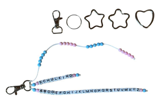 🎓 Personalisierte ABC- & Rechenkette – Blau & Rosa – 3-reihig mit Wunschname – Einschulungsgeschenk