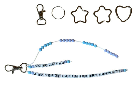 🎓 Personalisierte ABC- & Rechenkette – Blau & Flieder – 3-reihig mit Wunschname – Einschulungsgeschenk