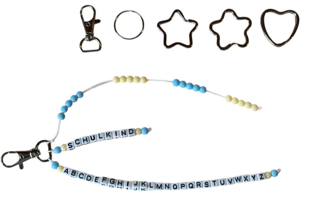 🎓 Personalisierte ABC- & Rechenkette – Blau & Gelb – 3-reihig mit Wunschname – Einschulungsgeschenk