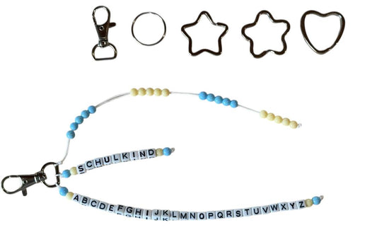 🎓 Personalisierte ABC- & Rechenkette – Blau & Gelb – 3-reihig mit Wunschname – Einschulungsgeschenk