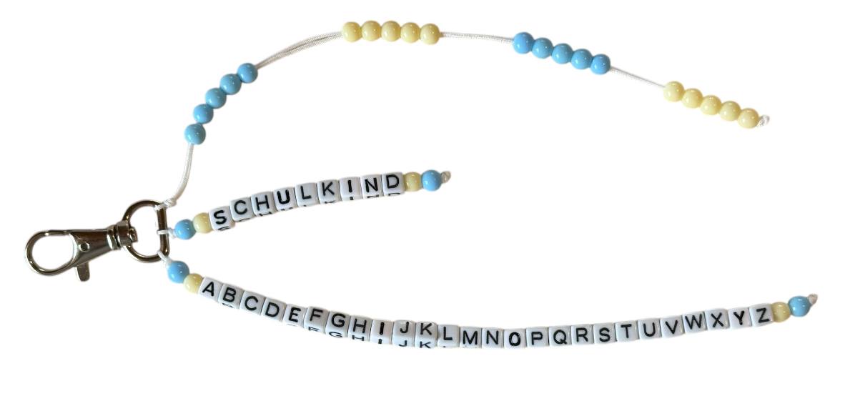 🎓 Personalisierte ABC- & Rechenkette – Blau & Gelb – 3-reihig mit Wunschname – Einschulungsgeschenk