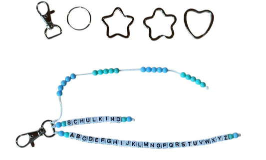 🎓 Personalisierte ABC- & Rechenkette – Blau & Türkis – 3-reihig mit Wunschname – Einschulungsgeschenk