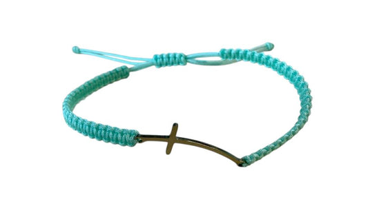 Makramee Armband mit Kreuz-Anhänger in Silber – Mintgrün, Handgefertigt, Verstellbar