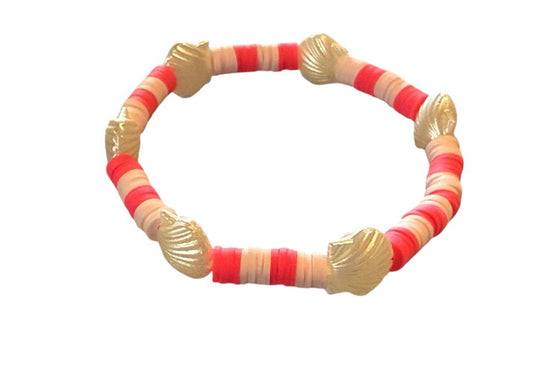 Handgemachtes elastisches Perlenarmband – Rosa & Pink mit weißen Muscheln – 16cm