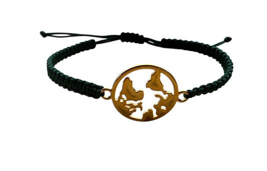 Makramee Armband mit Weltkarten-Anhänger – personalisierbar – goldfarben – handgemacht  (G16)