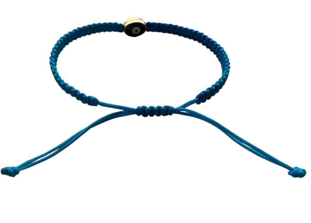 Makramee Armband mit Auge – personalisierbar – Schutzsymbol in Gold & Blau – Handgemacht (G17)