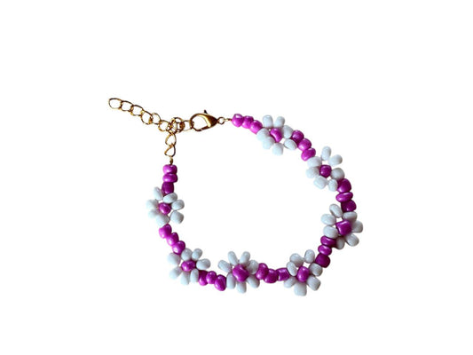 Handgefertigtes Perlenarmband mit Blumenmuster – Pink & Weiß, Goldverschluss | 5 Größen XS-XL + Verlängerungskette