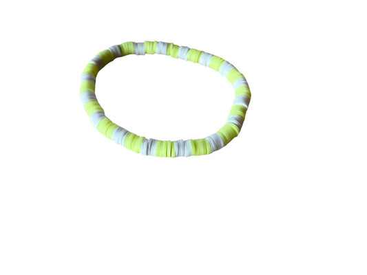 Handgemachtes Perlenarmband aus Ton – Neongelb & Weiß – Elastisch, 16 cm Umfang
