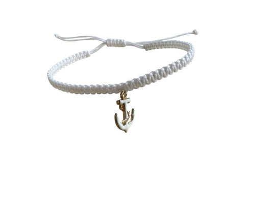 Handgefertigtes Makramee Armband mit Gold-Weißem Anker Anhänger ⚓ 38 Farben & Größen (G43)