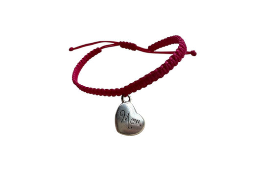 Makramee Armband mit Silber-Herz "Mom" – Handgemacht, Größenwahl & 38 Farben (S56)