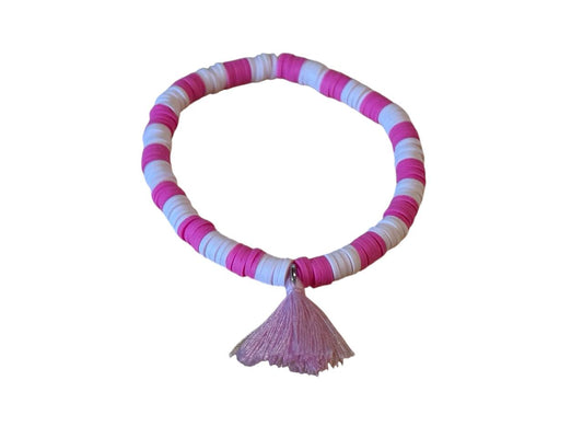 Handgemachtes Ton-Perlenarmband in Pink & Rosa mit Quaste – Elastisch & in Wunschgröße