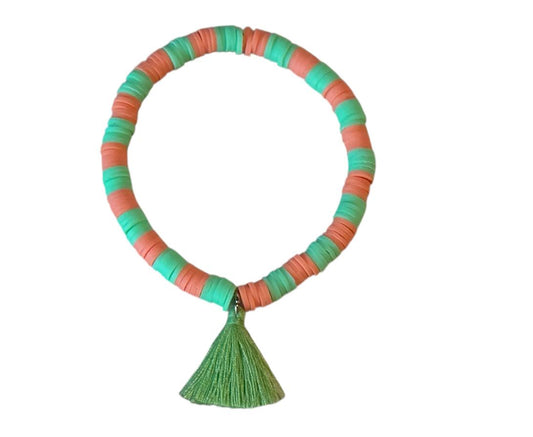 Grün-Orange Perlenarmband mit Quaste – Handgemachter Boho-Schmuck aus Tonperlen