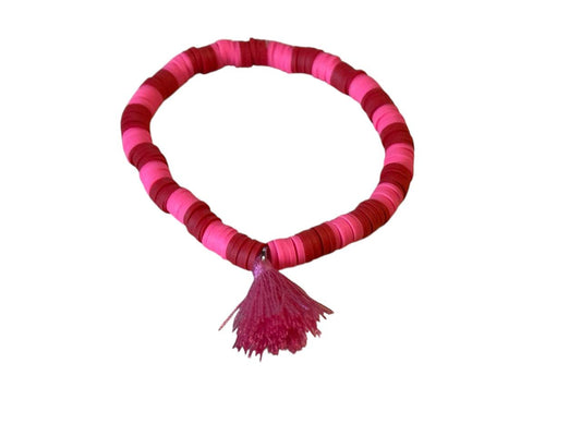 Handgemachtes Perlen-Makrameearmband aus Ton – Rot & Pink mit rosa Quaste – Größen XS-XL – Elastisch