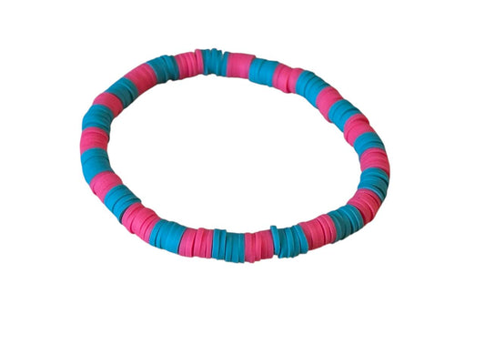 Handgefertigtes elastisches Perlen-Makrameearmband aus Ton – Pink & Türkis – Größen XS bis XL