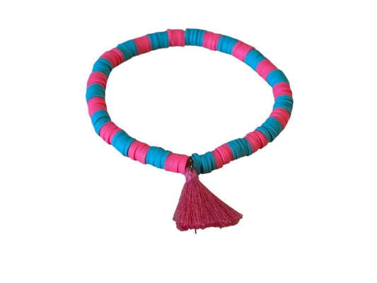 Handgefertigtes elastisches Perlen-Makrameearmband aus Ton – Pink & Türkis mit rosafarbener Quaste – Größen XS-XL