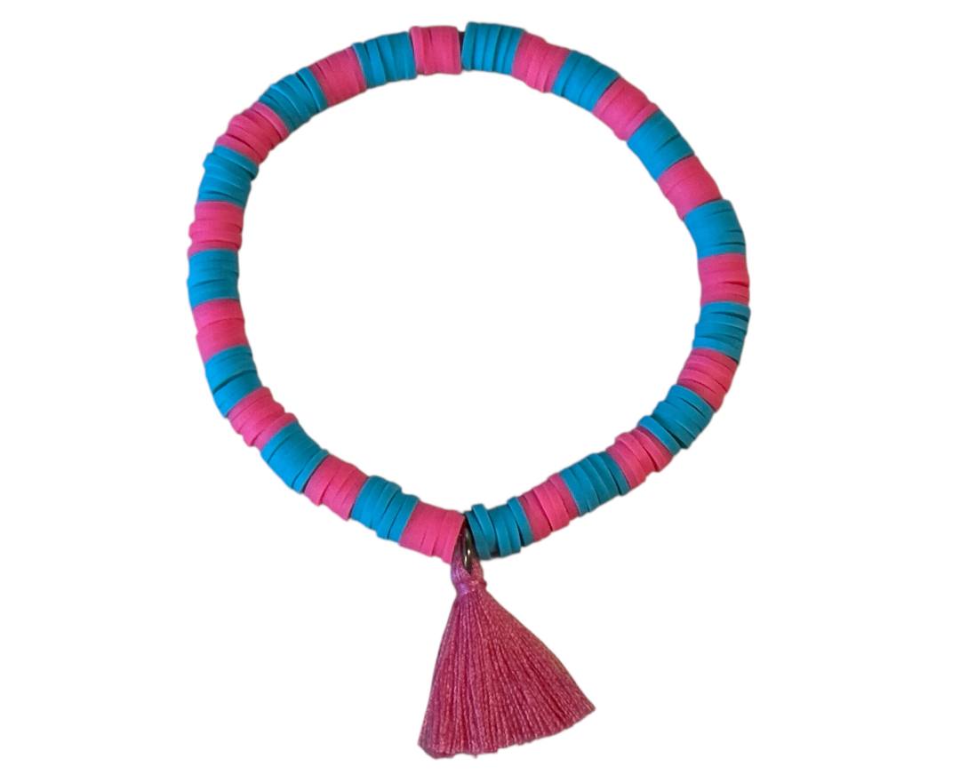 Handgefertigtes elastisches Perlen-Makrameearmband aus Ton – Pink & Türkis mit rosafarbener Quaste – Größen XS-XL