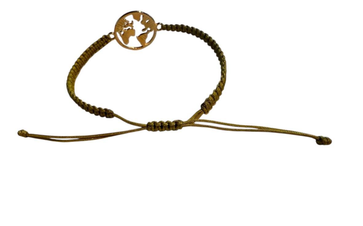 Makramee Armband Gold mit Weltkarten-Anhänger | Handgemachter Reiseschmuck verstellbar 16–20cm