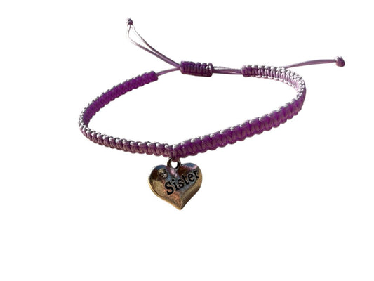 Makramee Armband "Sister" 💜 mit Herz-Anhänger & Strassstein – handgemacht & verstellbar