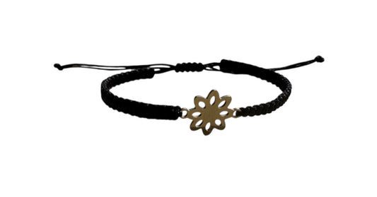 Makramee-Armband mit Blumenanhänger 🌸 | Handgefertigt | Schwarz & Silber | Verstellbar 16–20 cm