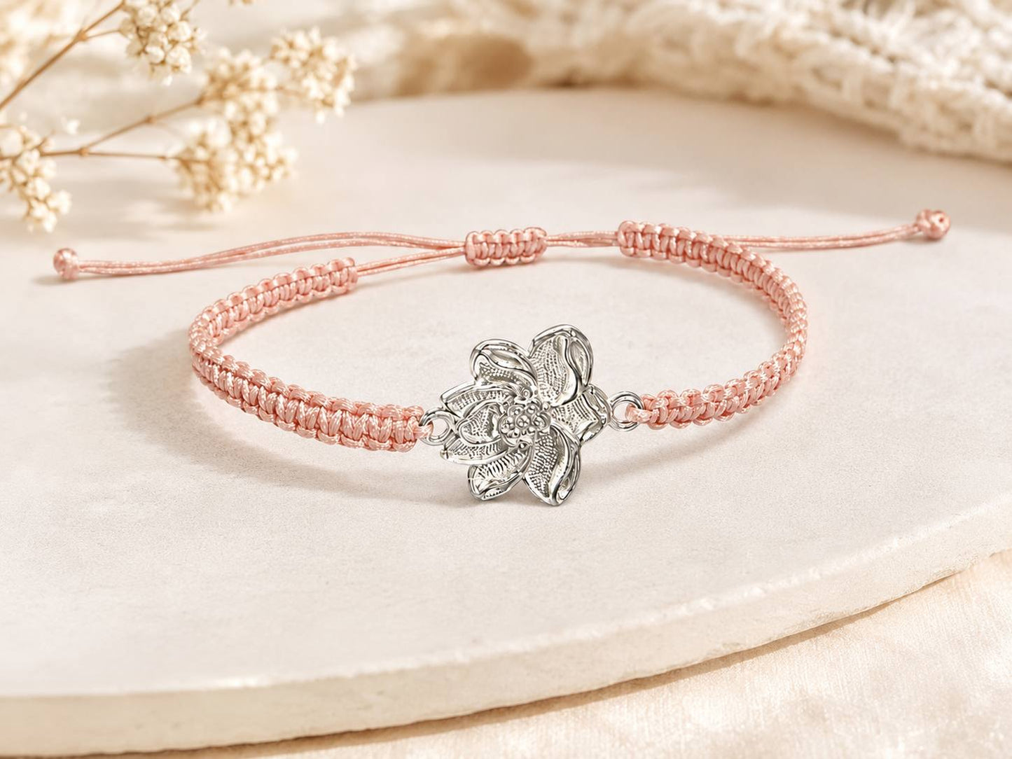 Makramee Armband Lotusblüte – Verstellbares Armband aus Edelstahl | Boho Schmuck | 38 Bandfarben | 5 Größen