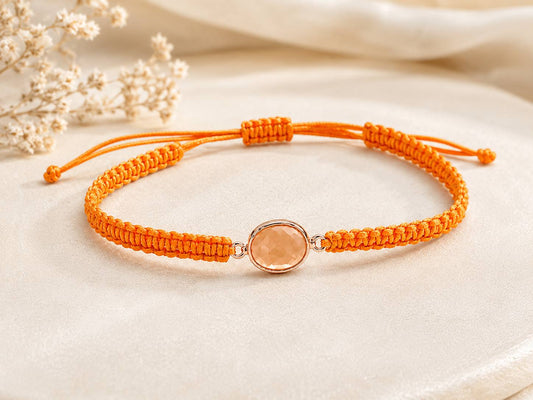 Makramee Armband mit Glasstein – Verstellbares Edelstahl Armband in Roségold | Boho Schmuck | 38 Bandfarben | 5 Größen