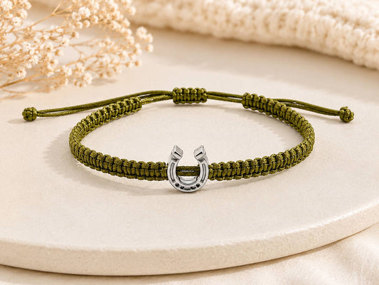 Makramee Armband Hufeisen – Verstellbares Edelstahl Armband | Glücksbringer | Boho Schmuck | 38 Bandfarben | 5 Größen