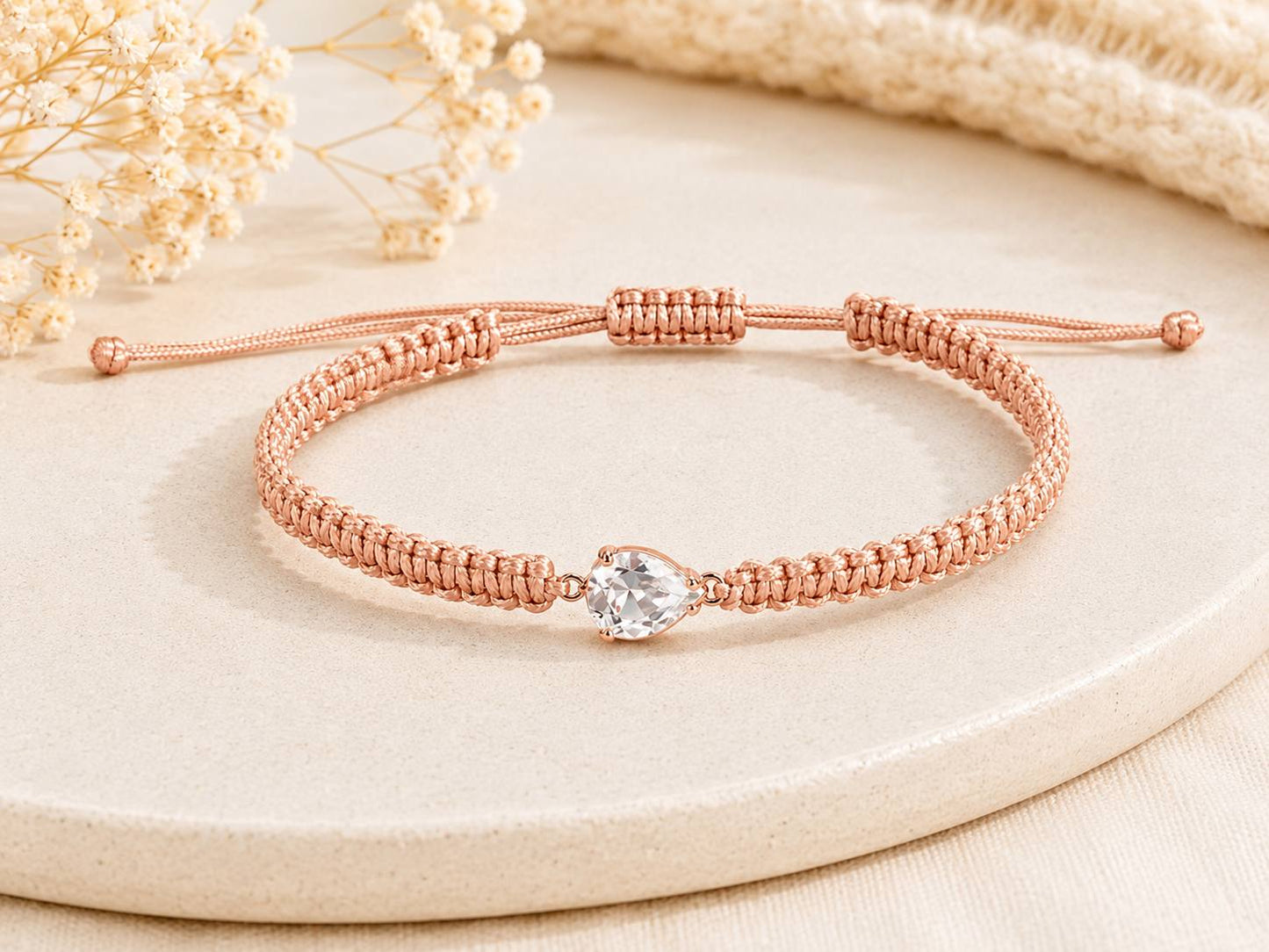 Makramee Armband mit Tropfen-Glasstein – Verstellbares Edelstahl Armband in Roségold | Boho Schmuck | 38 Bandfarben | 5 Größen