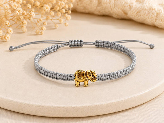 Makramee Armband Goldener Elefant – Verstellbares Edelstahl Armband | Glücksbringer | Boho Schmuck | 38 Bandfarben | 5 Größen