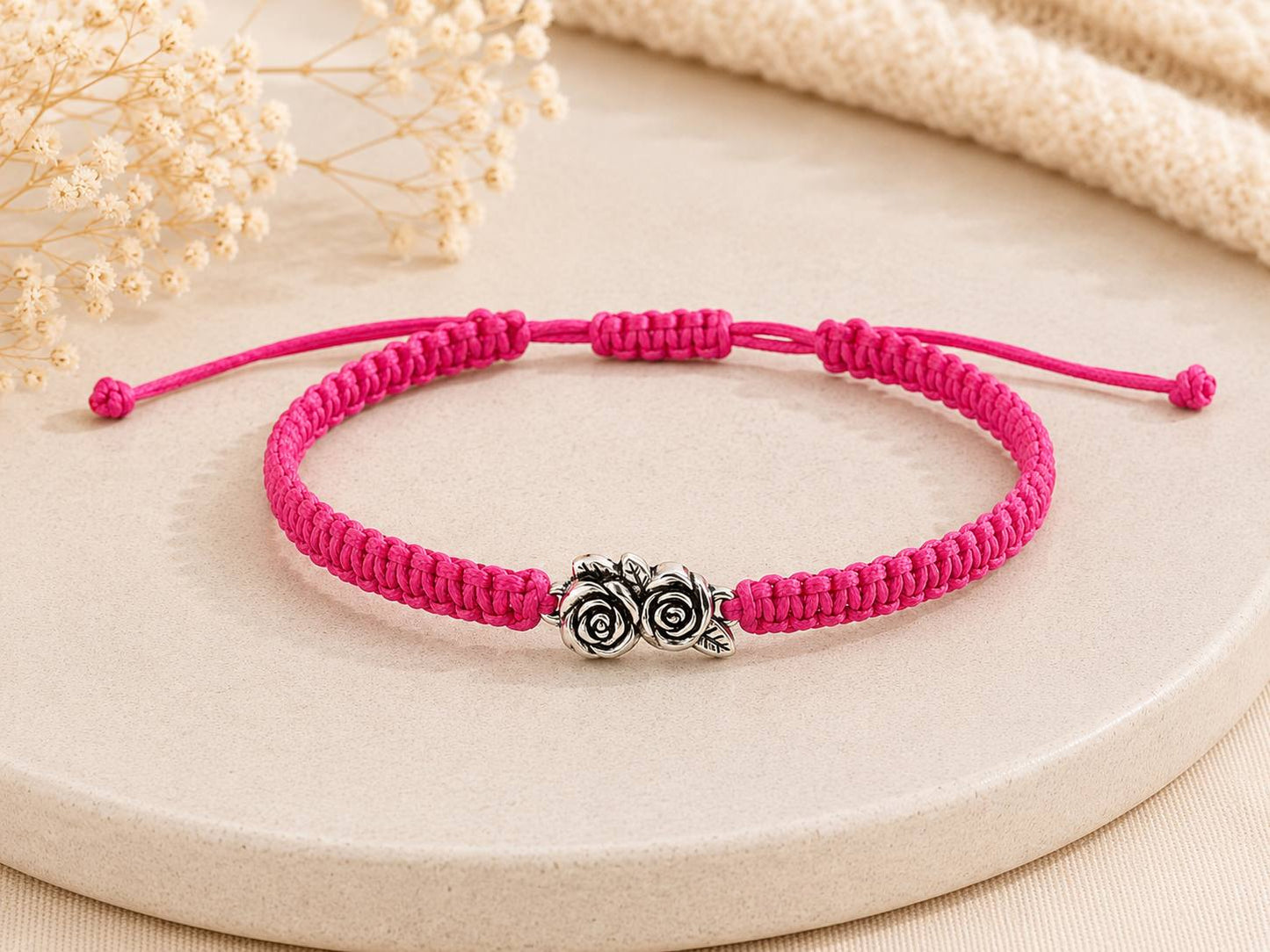 Makramee Armband Rosen – Verstellbares Edelstahl Armband | Blumen Schmuck | Boho Armband | 38 Bandfarben | 5 Größen