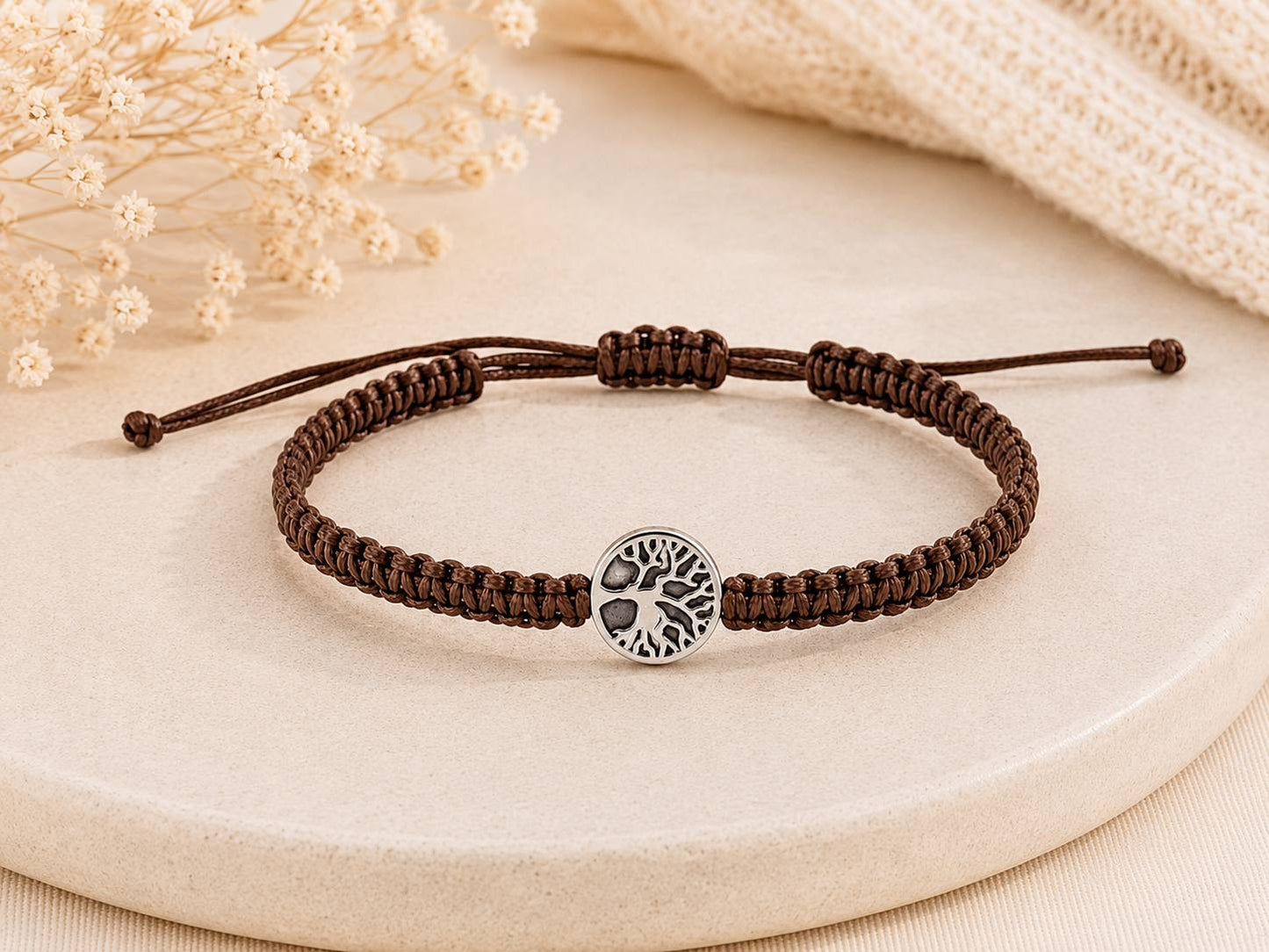 Makramee Armband Lebensbaum – Verstellbares Edelstahl Armband | Baum des Lebens | Boho Schmuck | 38 Bandfarben | 5 Größen