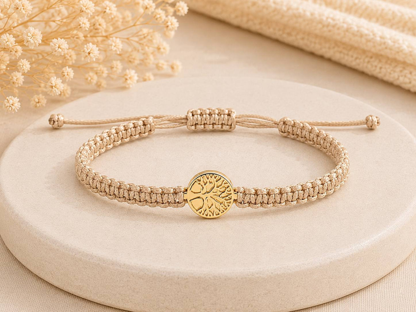 Makramee Armband Goldener Lebensbaum – Verstellbares Edelstahl Armband | Baum des Lebens | Boho Schmuck | 38 Bandfarben | 5 Größen