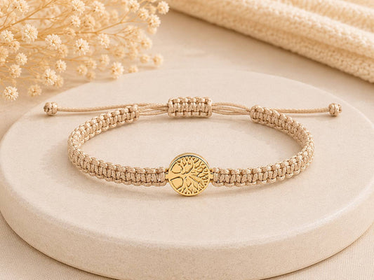 Makramee Armband Goldener Lebensbaum – Verstellbares Edelstahl Armband | Baum des Lebens | Boho Schmuck | 38 Bandfarben | 5 Größen