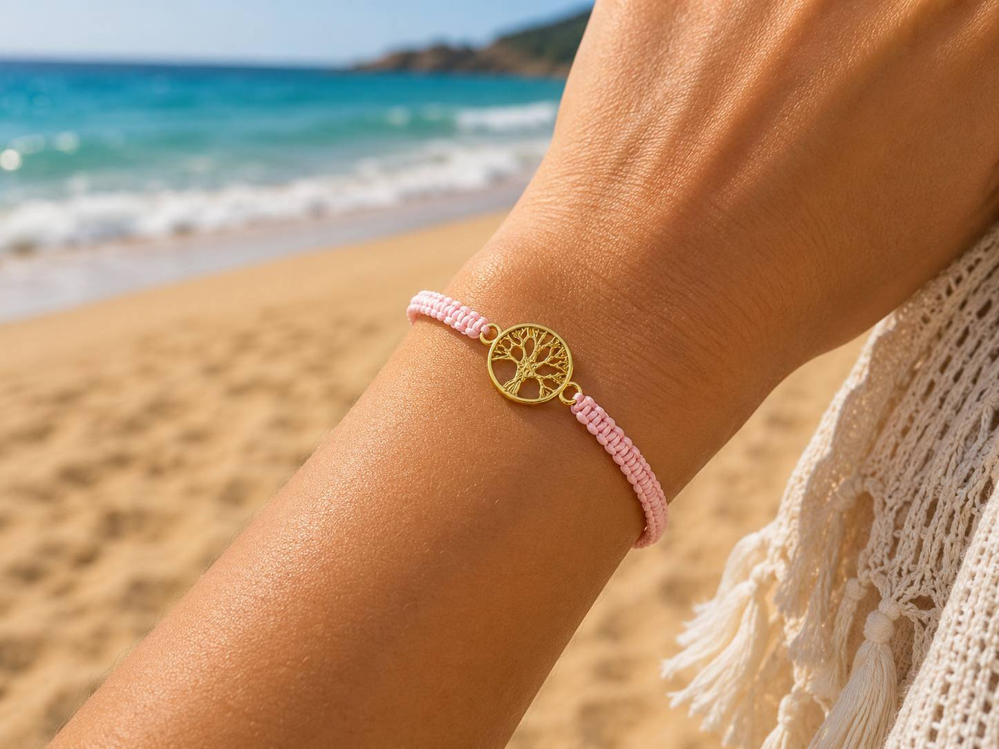 Makramee Armband Lebensbaum Gold – Verstellbares Boho Armband aus Edelstahl | 38 Bandfarben & 5 Größen