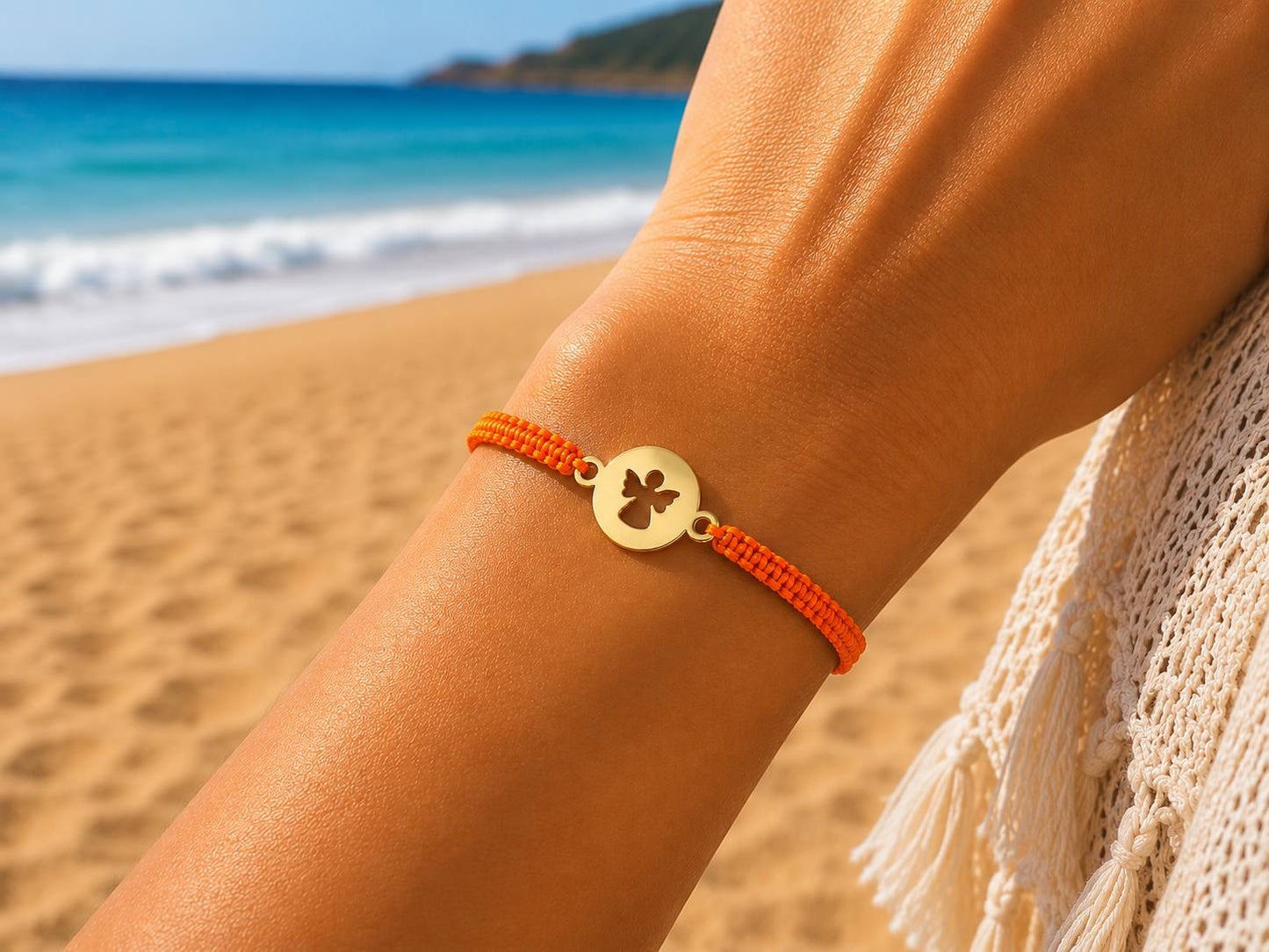 Makramee Armband Schutzengel Gold – Verstellbares Edelstahl Armband | 38 Bandfarben & 5 Größen