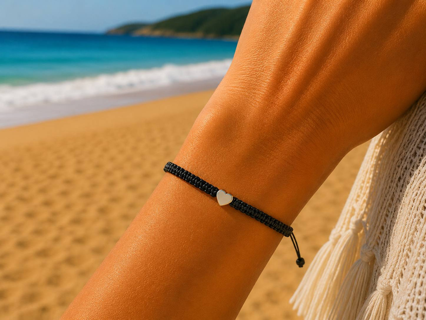 Makramee Armband Herz Silber – Verstellbares Edelstahl Armband | 38 Bandfarben & 5 Größen