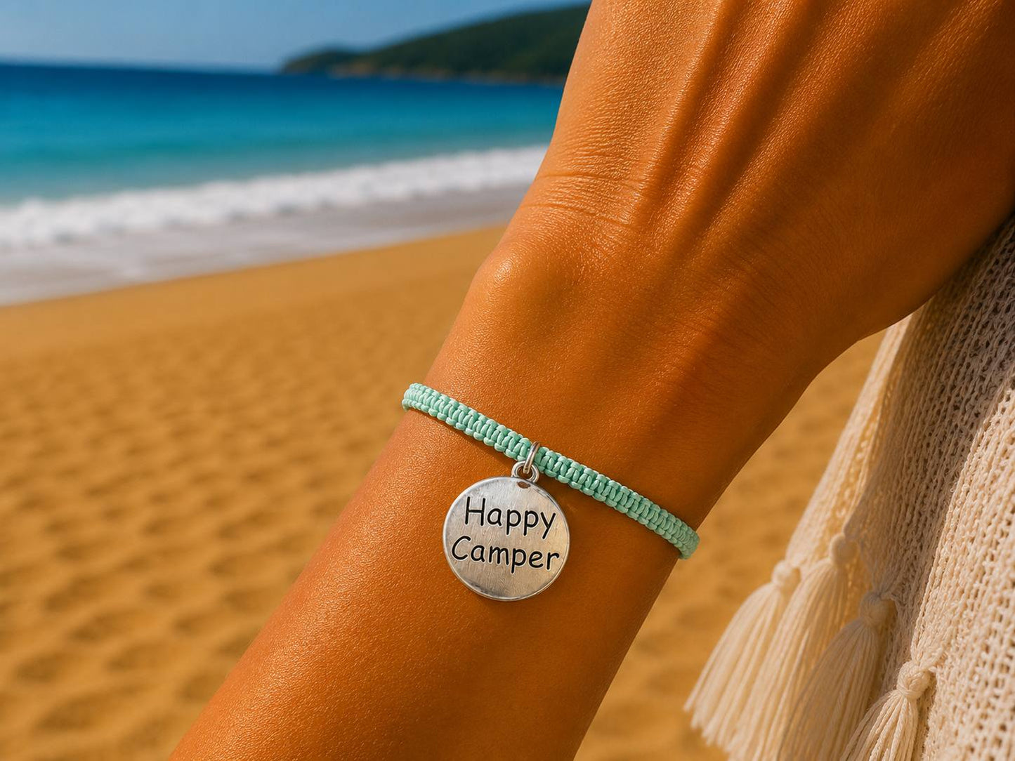 Makramee Armband Happy Camper Silber – Verstellbares Edelstahl Armband | 38 Bandfarben & 5 Größen