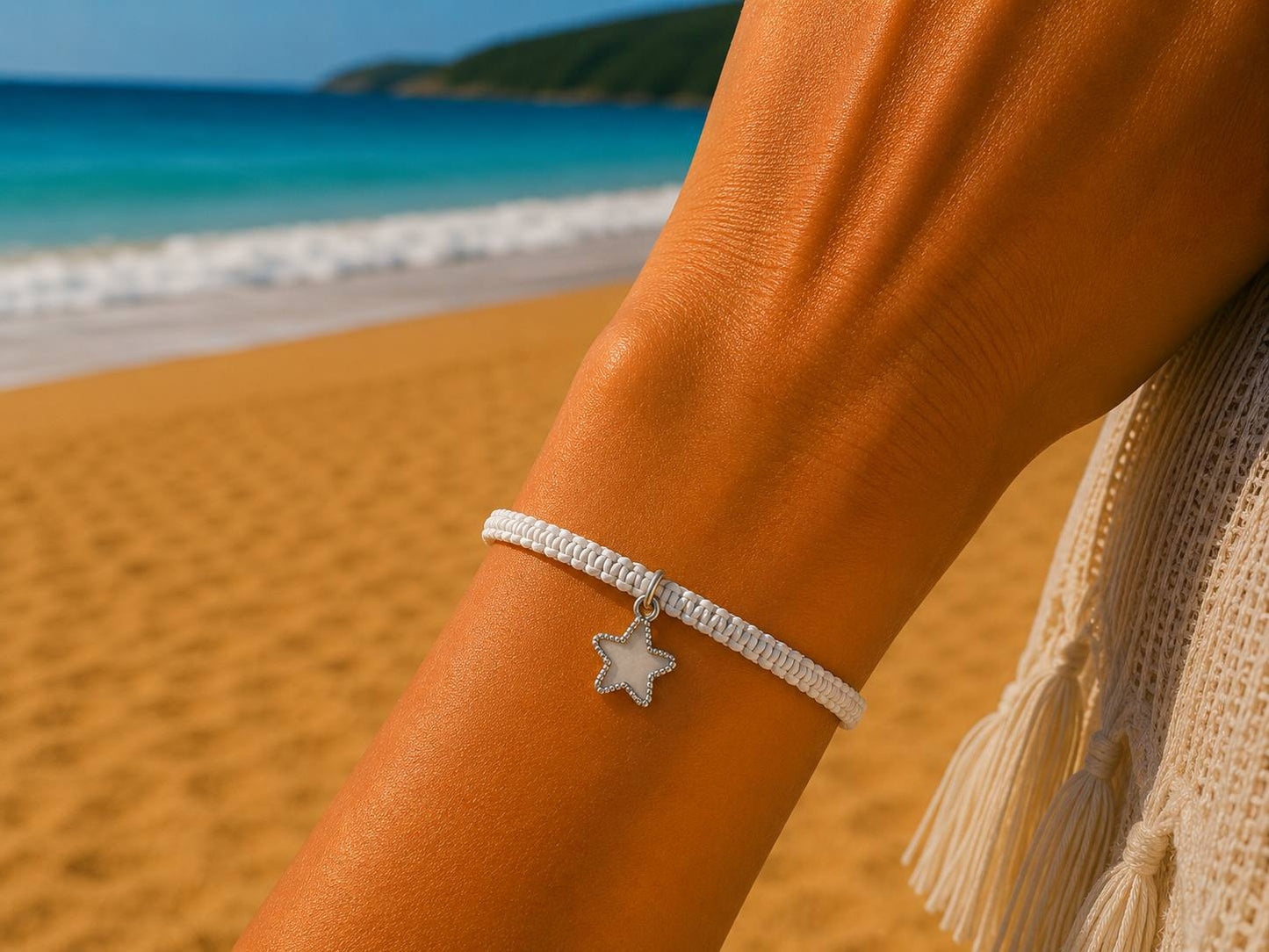 Makramee Armband Stern Silber – Verstellbares Edelstahl Armband | 38 Bandfarben & 5 Größen