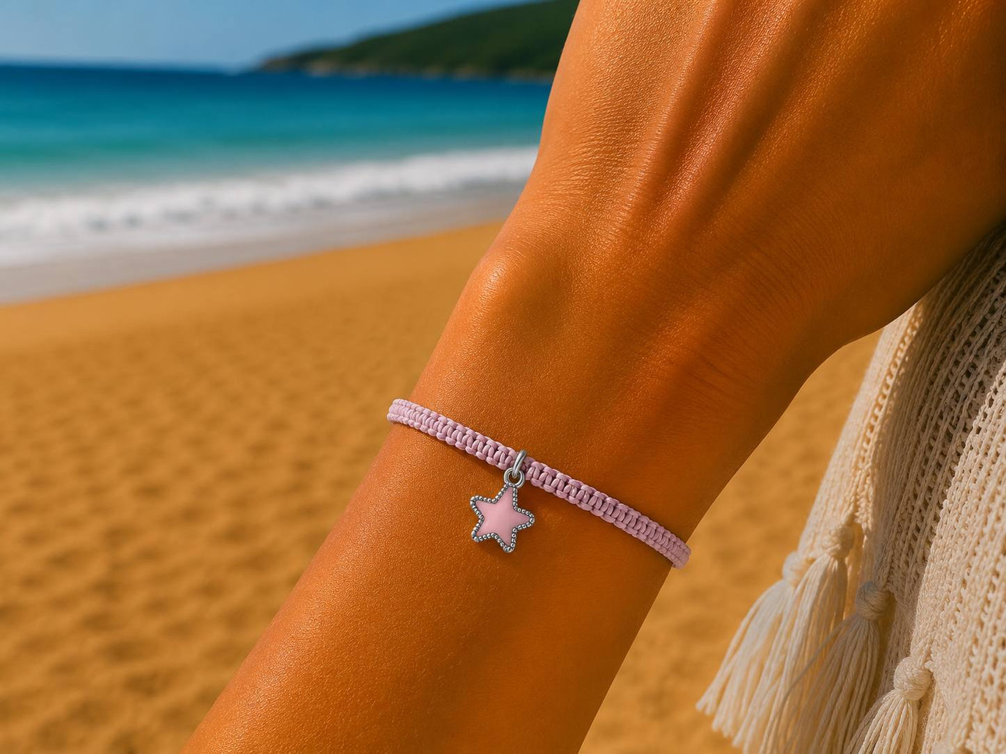 Makramee Armband Stern Flieder Silber – Verstellbares Edelstahl Armband | 38 Bandfarben & 5 Größen