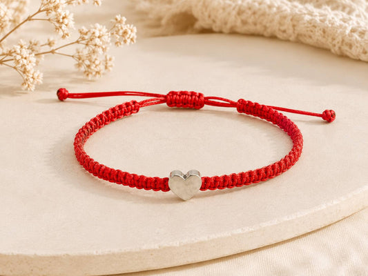 Makramee Armband Herz Silber – Verstellbares Edelstahl Armband | 38 Bandfarben & 5 Größen