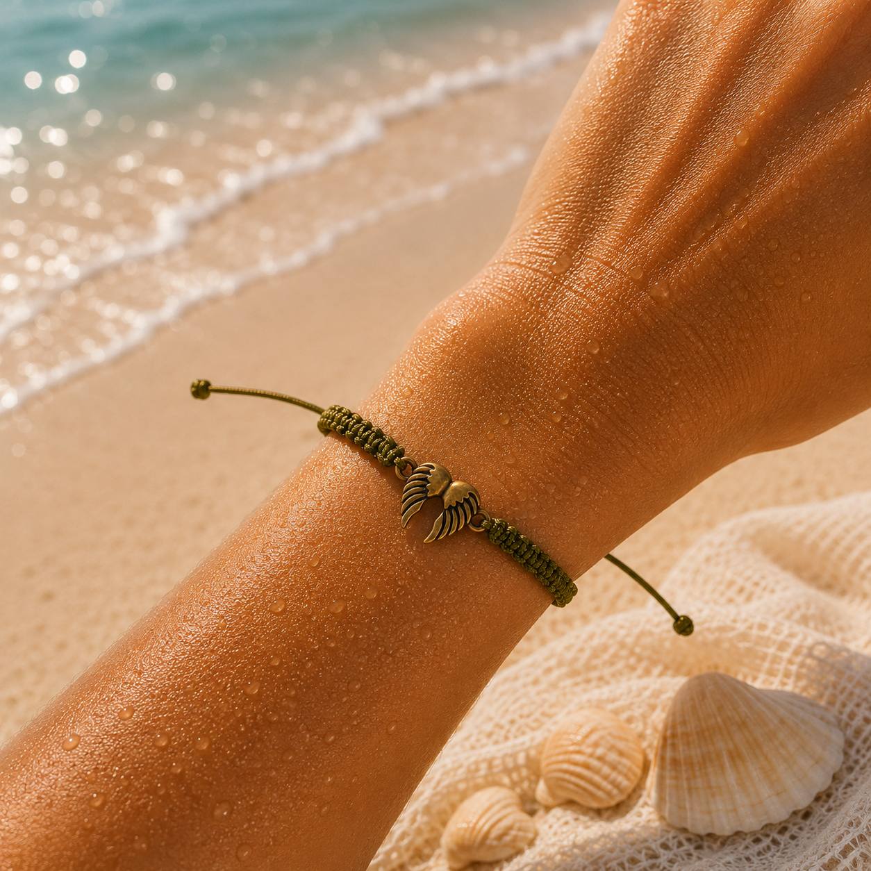 Makramee Armband Engelsflügel Bronze – Verstellbares Edelstahl Armband | Schutzengel | 38 Bandfarben & 5 Größen