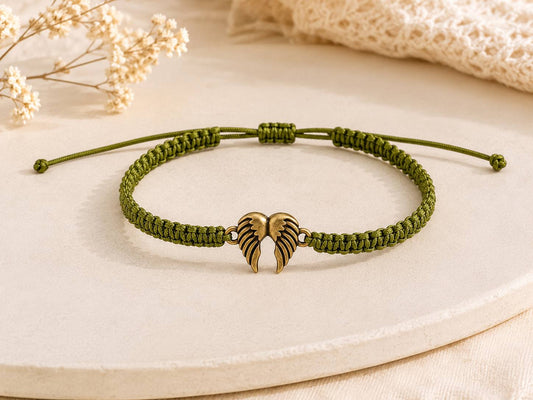 Makramee Armband Engelsflügel Bronze – Verstellbares Edelstahl Armband | Schutzengel | 38 Bandfarben & 5 Größen