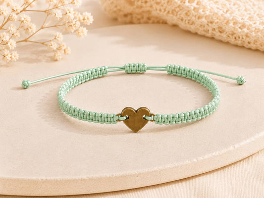 Makramee Armband Herz Bronze – Verstellbares Edelstahl Armband | Herz Symbol | 38 Bandfarben & 5 Größen
