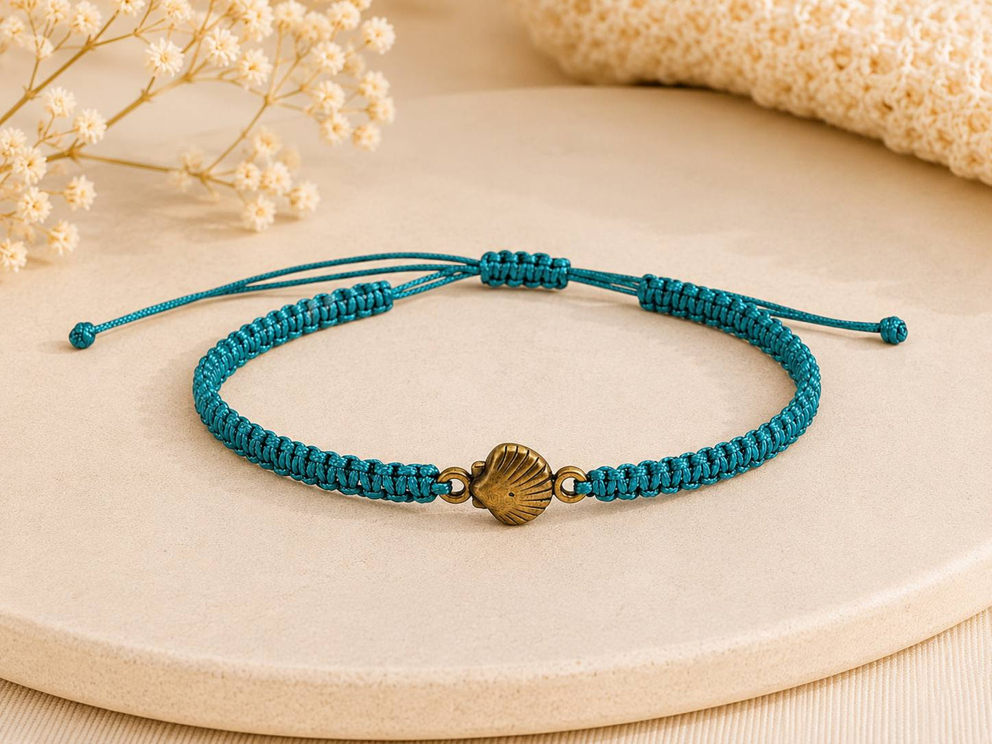 Makramee Armband Muschel Bronze – Verstellbares Edelstahl Armband | Muschel Symbol | 38 Bandfarben & 5 Größen