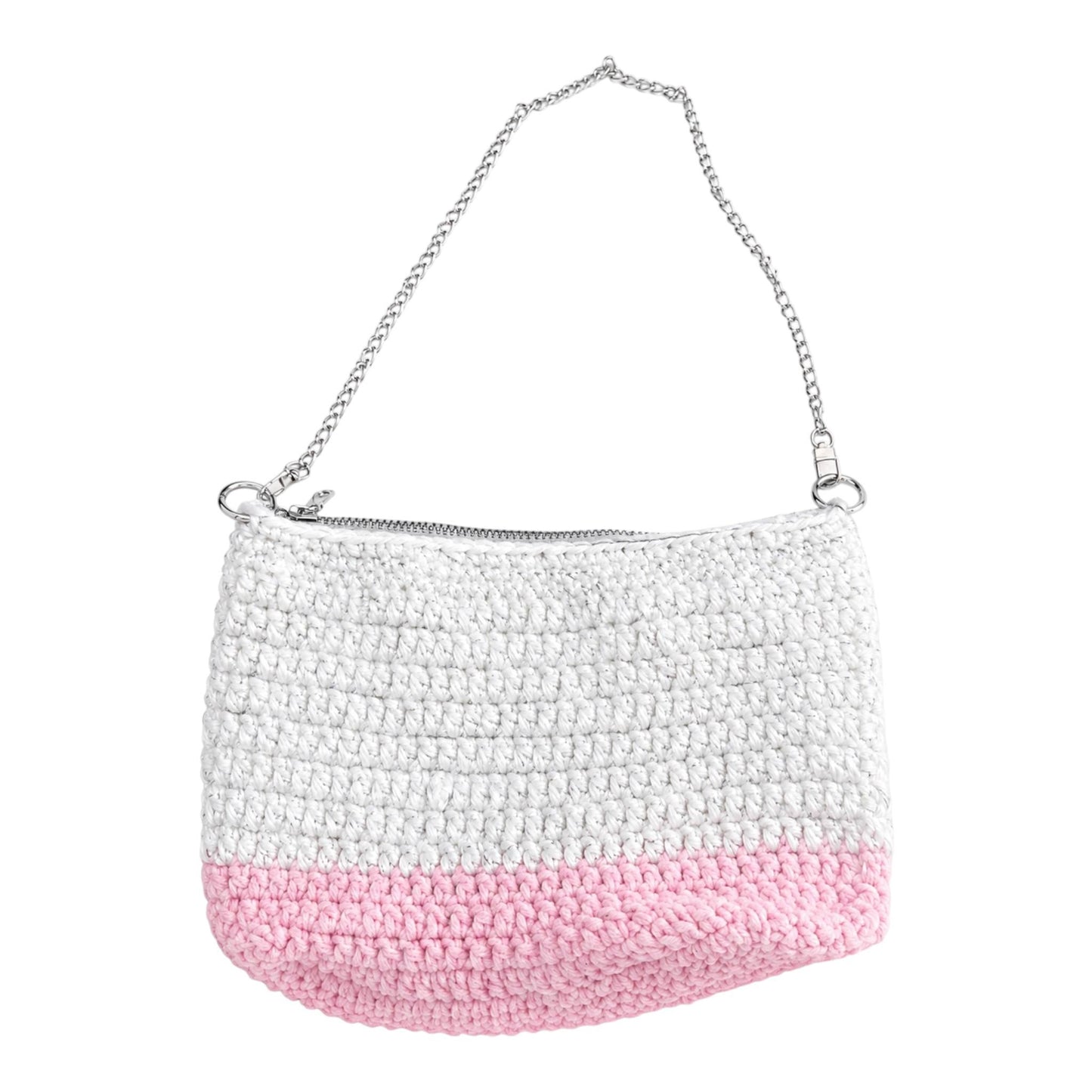 Handgehäkelte Schultertasche mit Reißverschluss – Boho Damen Handtasche | Handmade Tasche Weiß Rosa | Umhängetasche