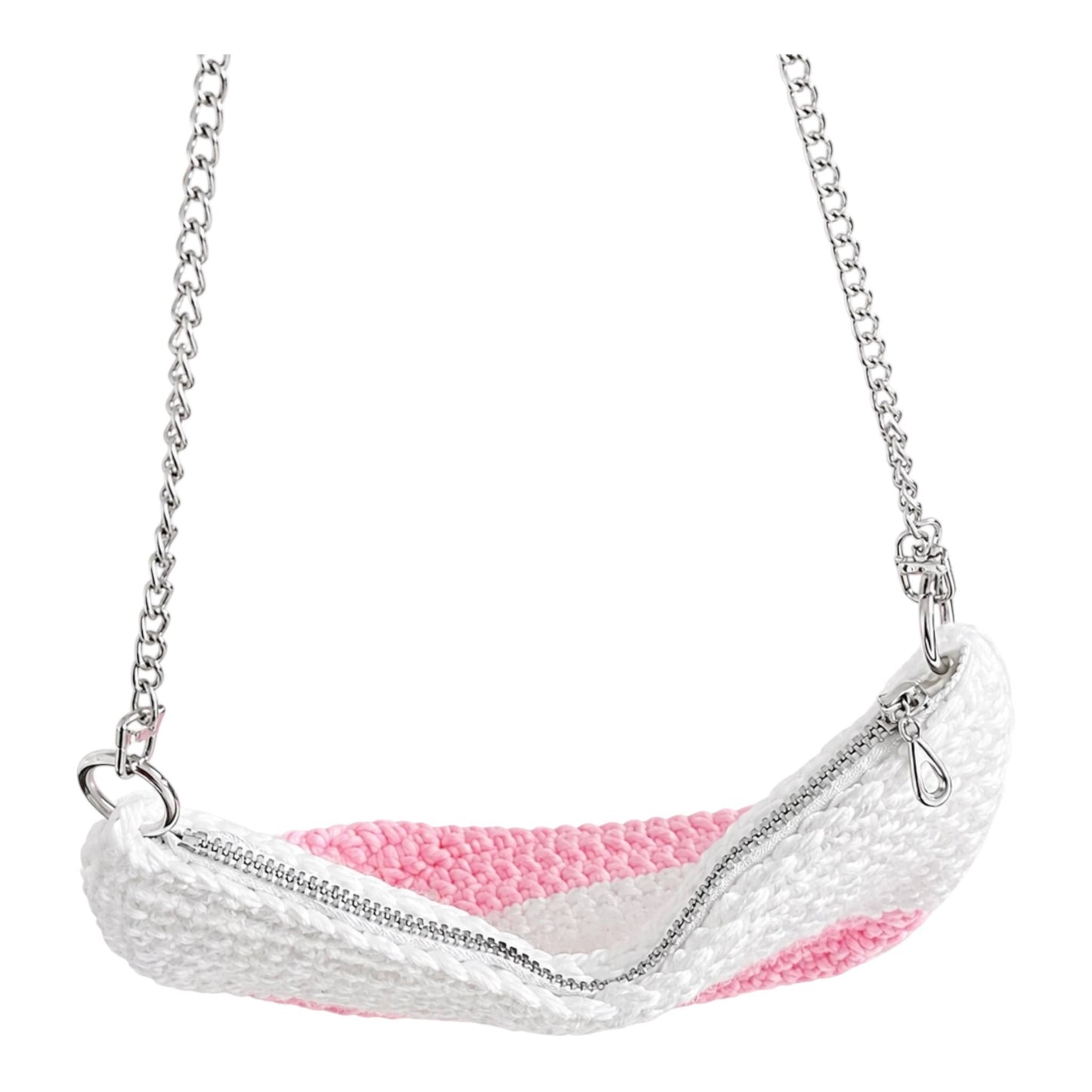 Handgehäkelte Schultertasche mit Reißverschluss – Boho Damen Handtasche | Handmade Tasche Weiß Rosa | Umhängetasche