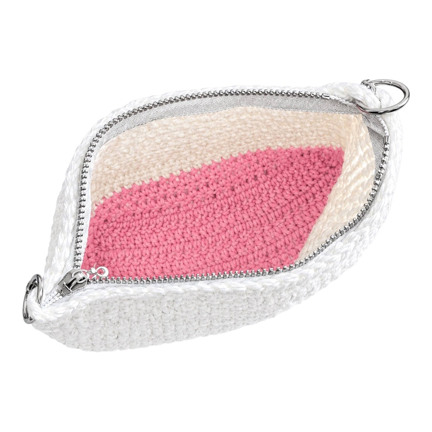 Handgehäkelte Schultertasche mit Reißverschluss – Boho Damen Handtasche | Handmade Tasche Weiß Rosa | Umhängetasche