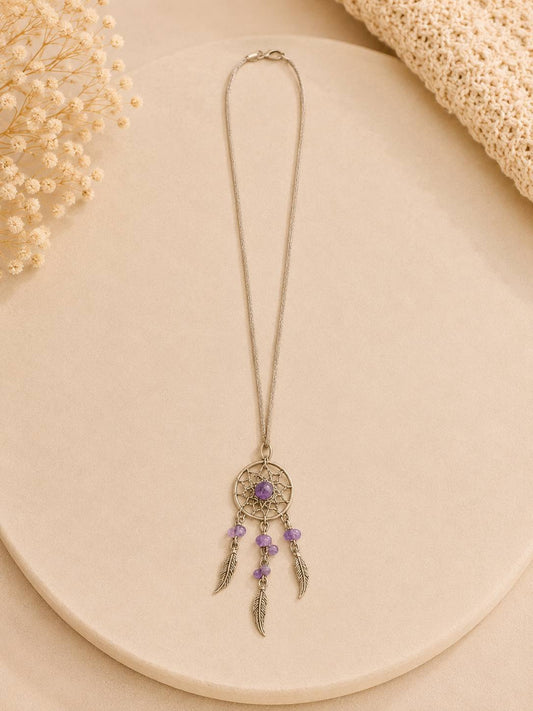 Traumfänger Kette mit violettem Naturstein – Edelstahl Halskette | Dreamcatcher Anhänger | Boho Schmuck | 50 cm