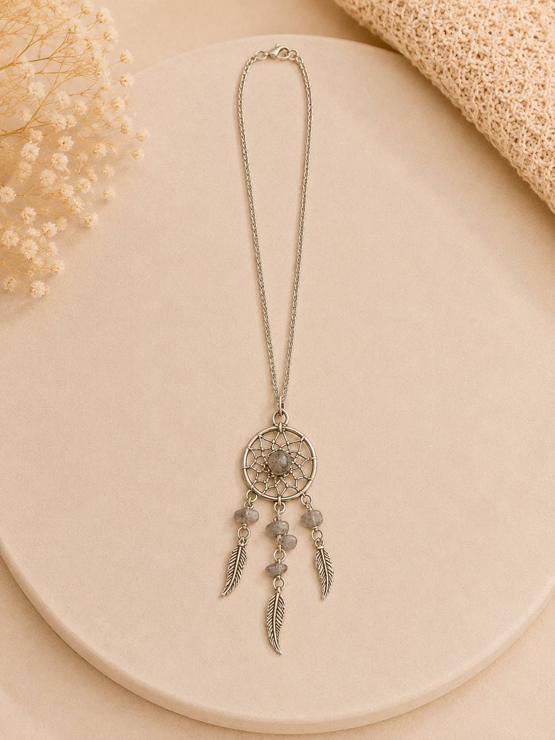 Traumfänger Kette mit grauem Naturstein – Edelstahl Halskette | Dreamcatcher Anhänger | Boho Schmuck | 50 cm